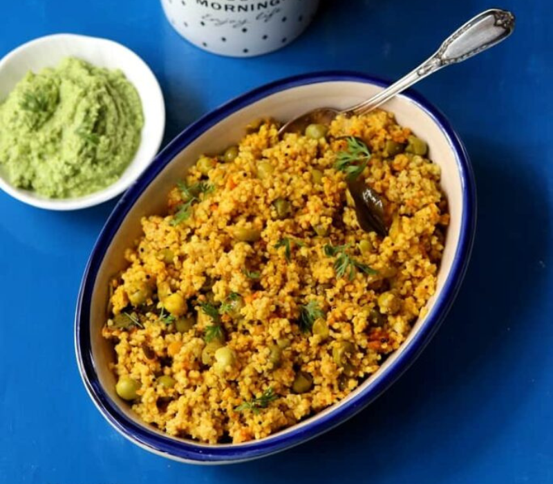 Thinai Upma with Drumstick Leaf Garnish