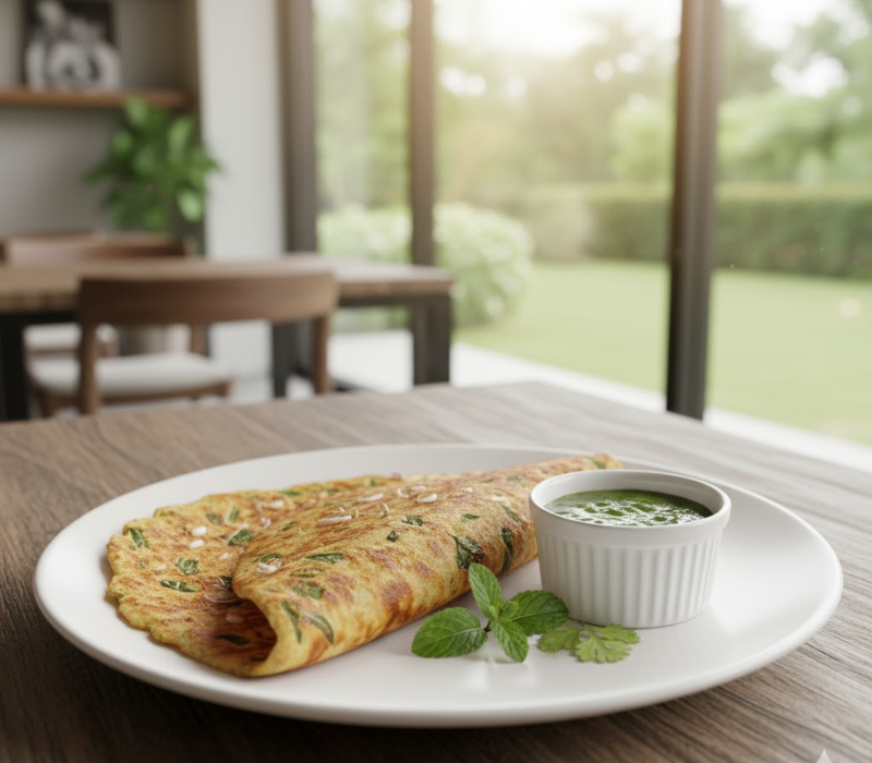 Murungai Keerai Sprout Dosa with Mint-Coriander Chutney